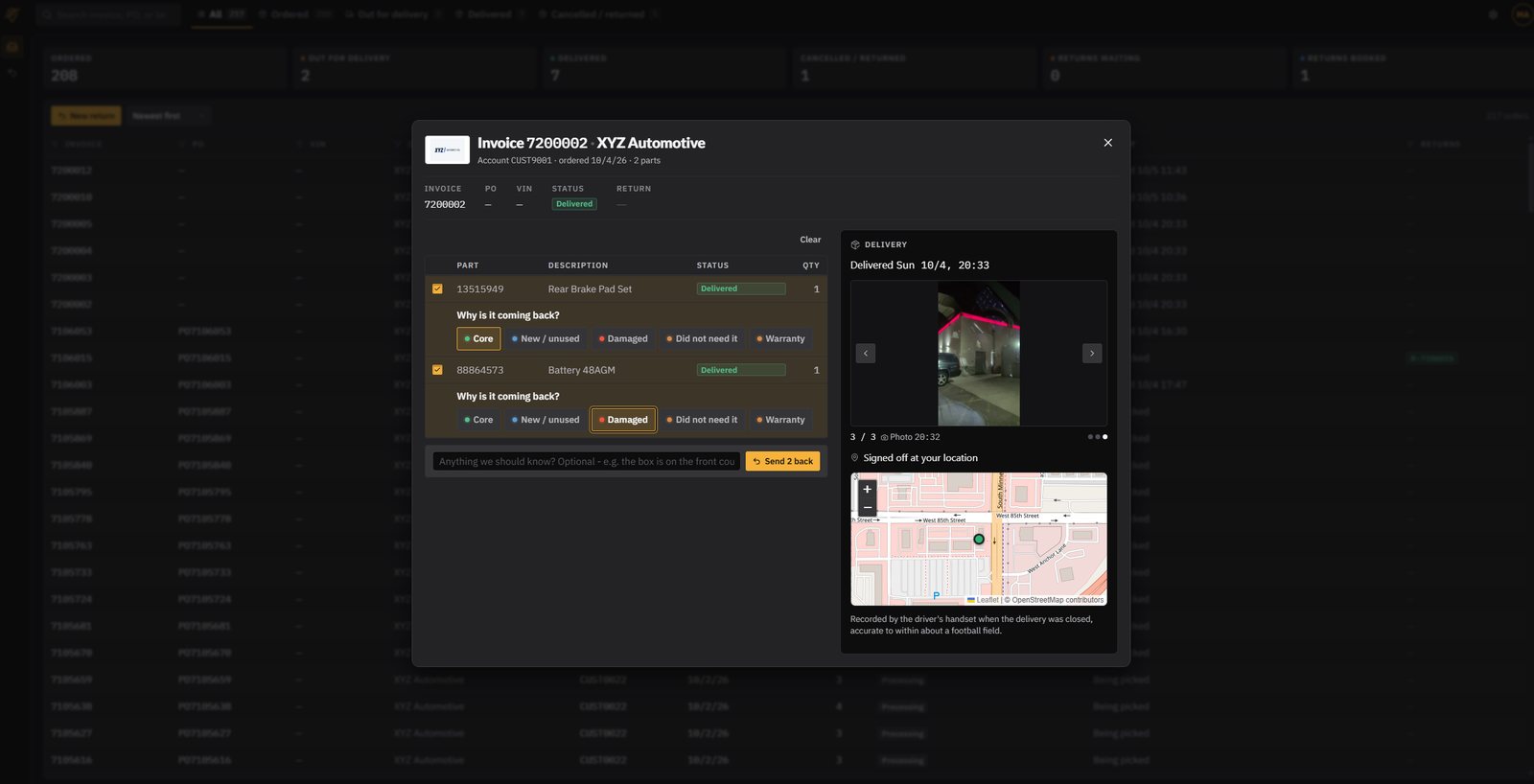 Customer portal order detail showing delivery photo, map location and a return being started on two parts