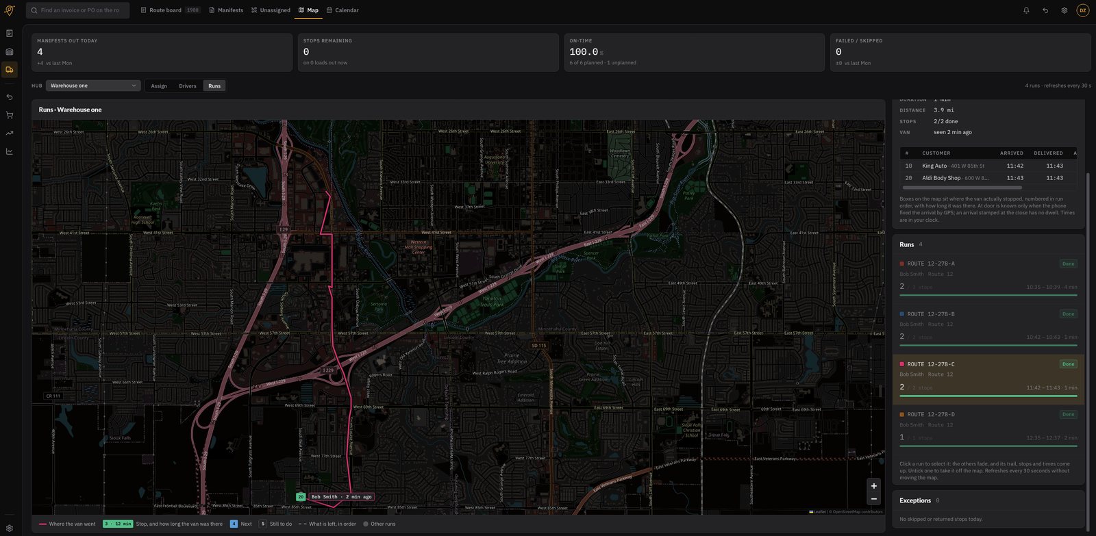 Live delivery map showing van routes, stop times and on-time performance