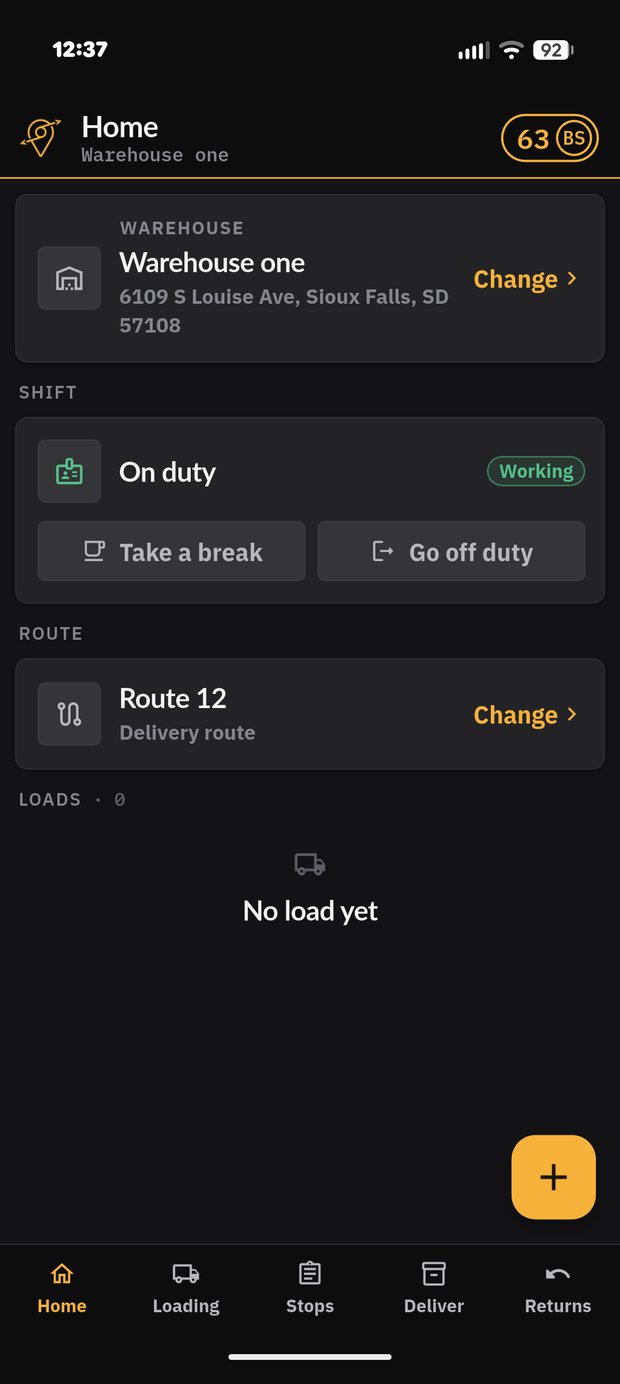 Driver home screen showing warehouse, on-duty shift status and assigned route
