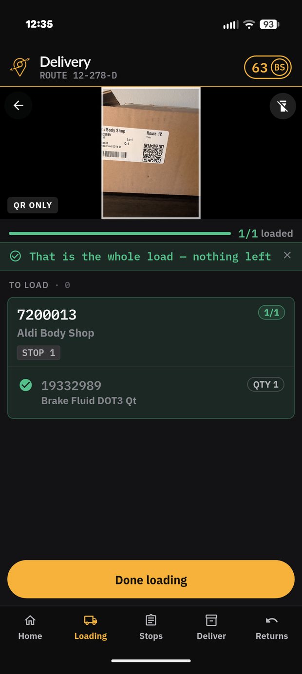 Load scanning screen confirming the full load is aboard
