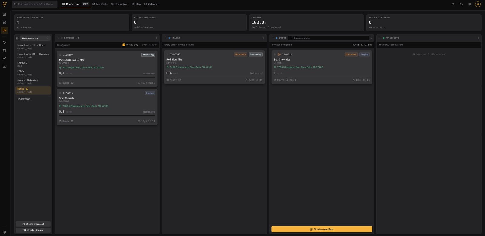 Route board with processing, staged, queue and manifest columns for building a run