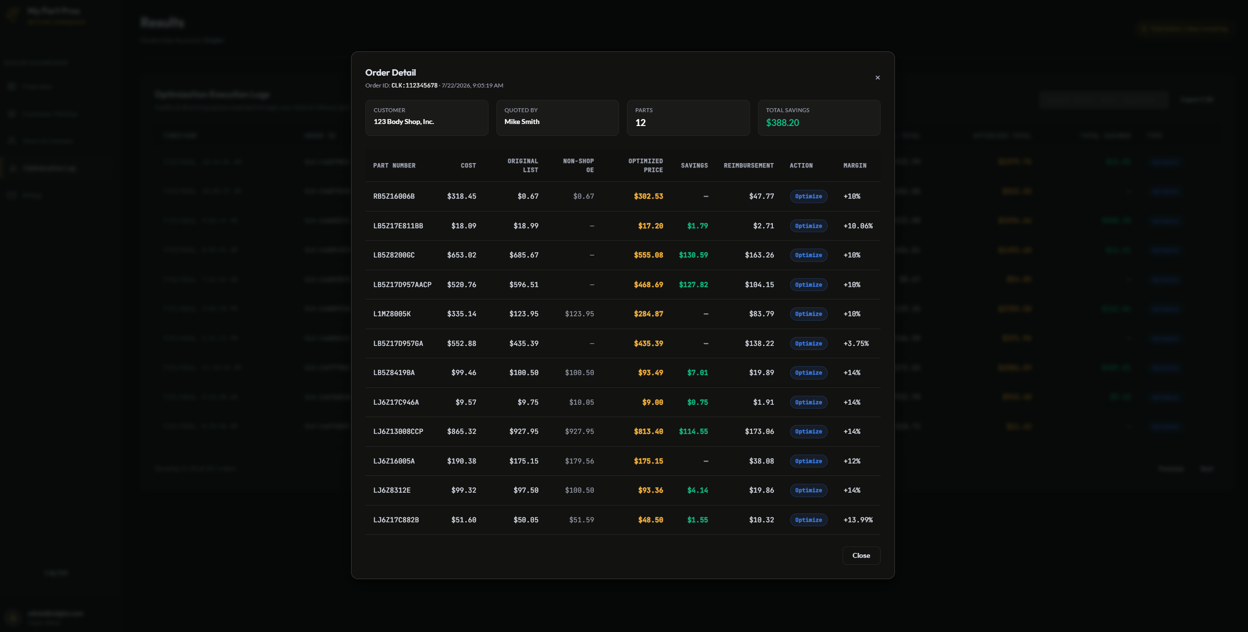 Better Conquest order detail showing optimized pricing, savings and margin per part