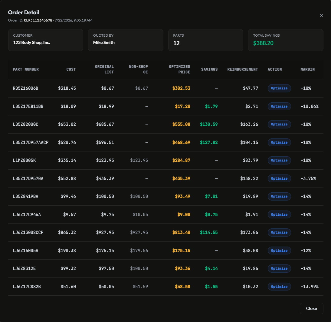 Better Conquest order detail showing per-part cost, optimized price, savings, reimbursement and margin