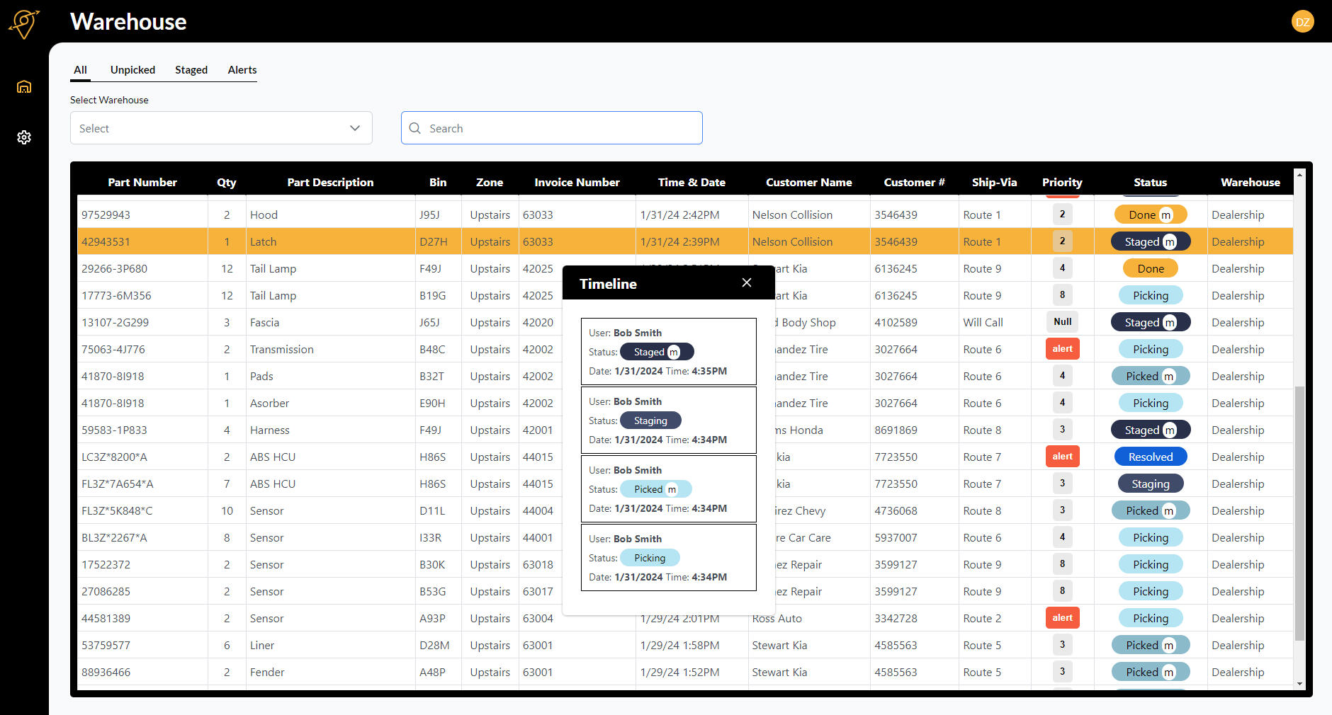 Nexus Warehouse portal dashboard showing live order status